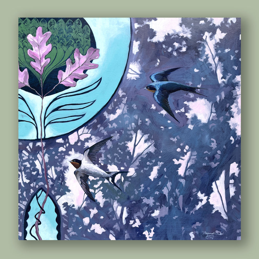 "The Dawn Upon the Oaks" artwork by Western NC based artist Hannah Seng. The nature inspired painting -  in blues, purples and green - features two barn swallows flying among oak tree leaves, and an art nouveau illustration detail. Painting shown on light green wall.