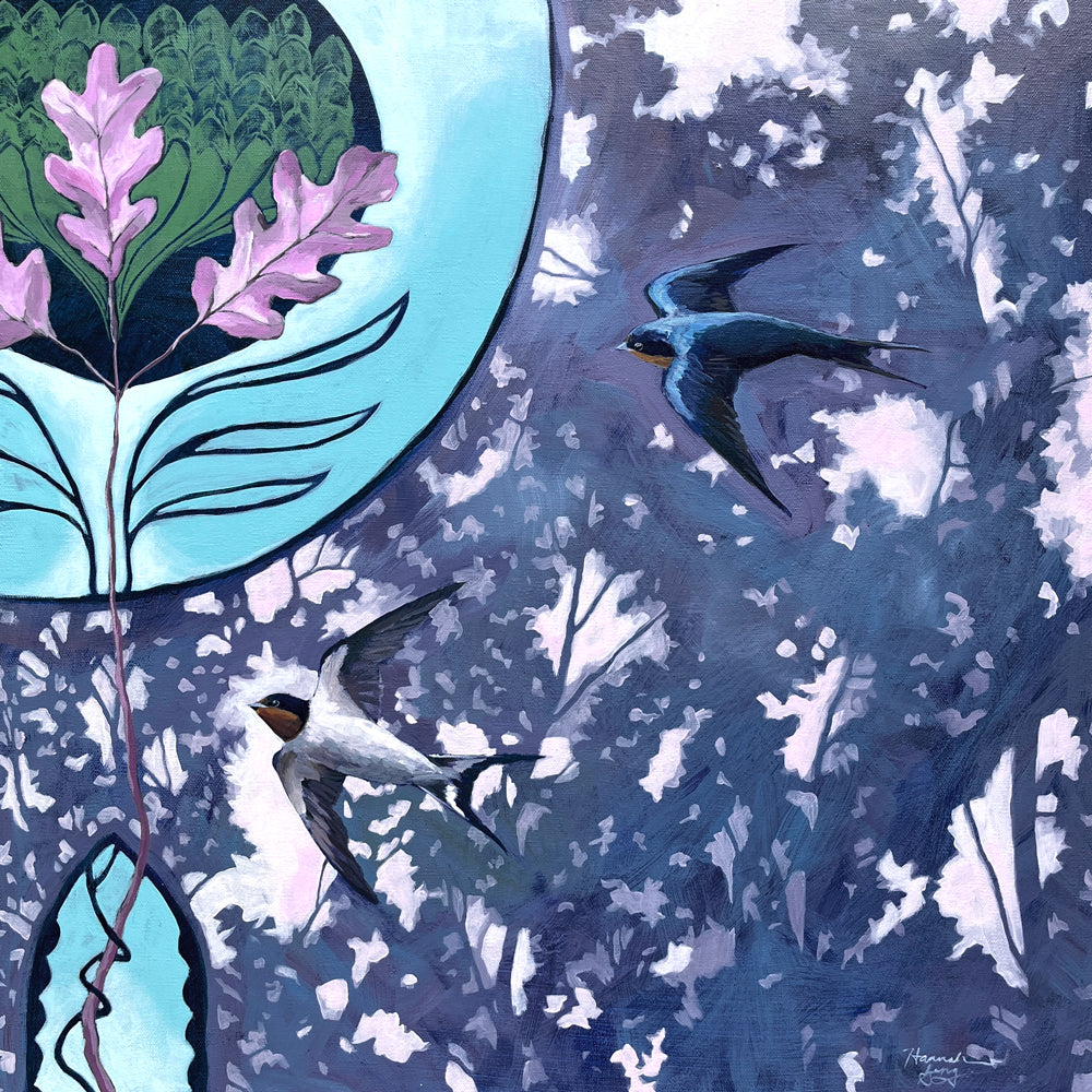 "The Dawn Upon the Oaks" artwork by Western NC based artist Hannah Seng. The nature inspired painting -  in blues, purples and green - features two barn swallows flying among oak tree leaves, and an art nouveau illustration detail.