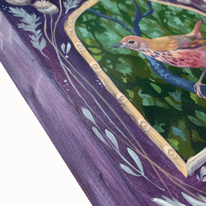 "The Wood Song" by Hannah Seng with wood thrush, tree and botanical details. Side detail.