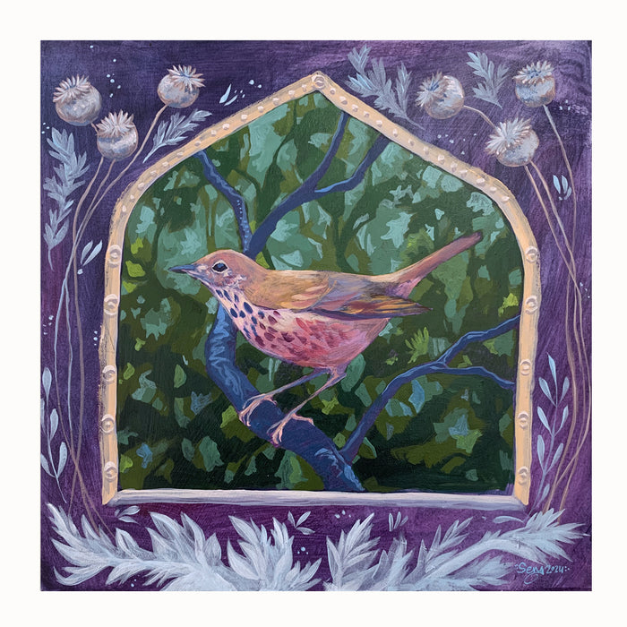 "The Wood Song" by Hannah Seng with wood thrush, tree and botanical details.