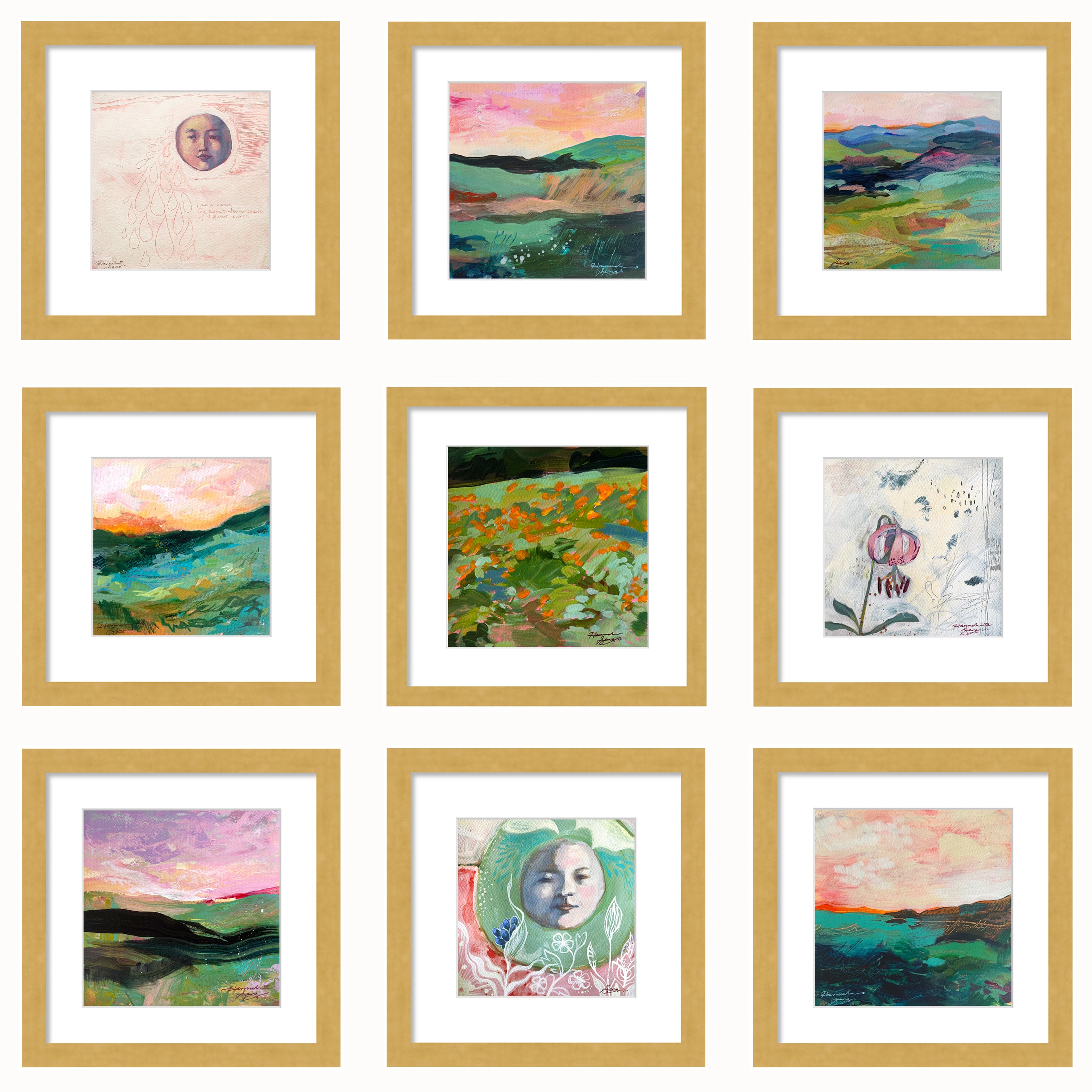 A group of nine paintings on paper by Western NC based artist Hannah Seng, matted and set in satin gold frames. Colorful mountain landscapes, flowers and more.