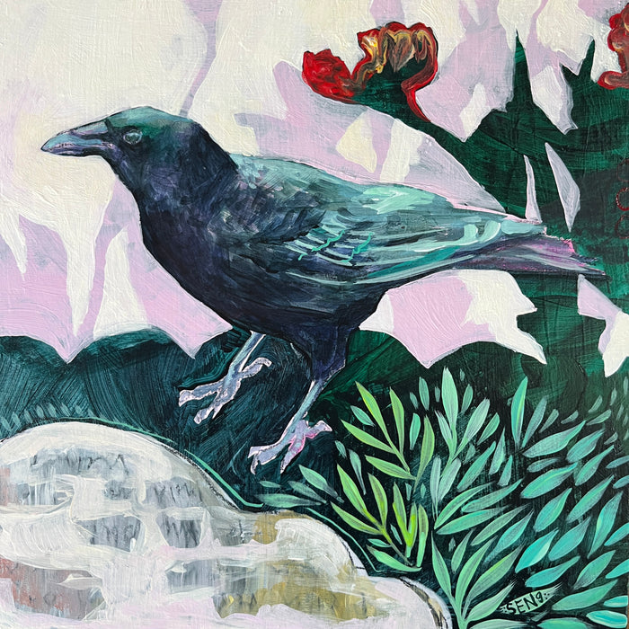 Hannah Seng's Crow Among the Tulips, illustrative painting of a crow perched the ground with red tulips in the background. 