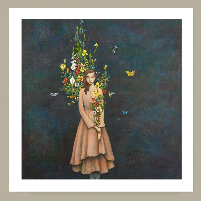 Artist print on paper of a woman with floral elements, insects and hummingbird against a dark background.