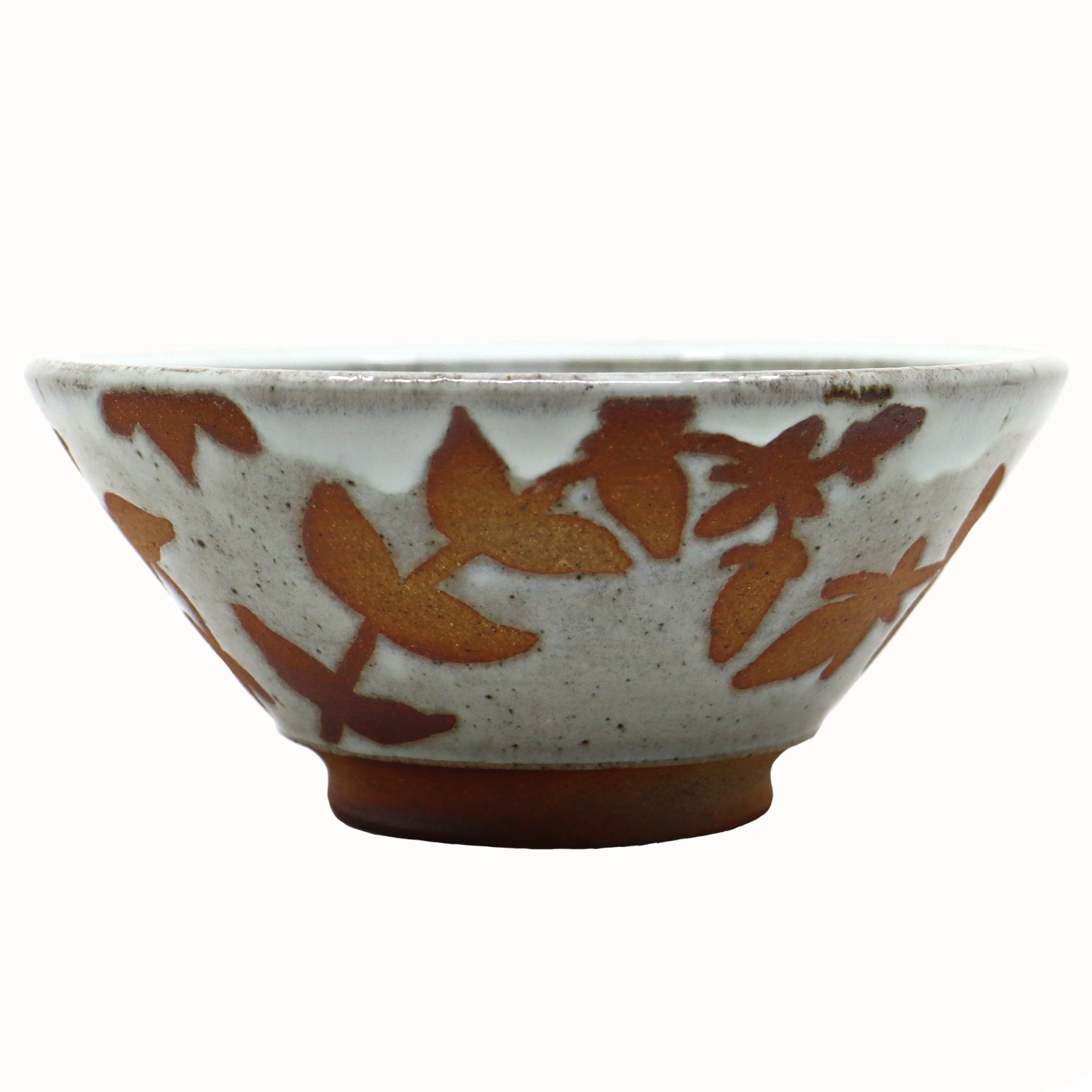 Heather Ossandon handmade, wood-fired ceramics. Cereal bowl, white  with rust botanical pattern.