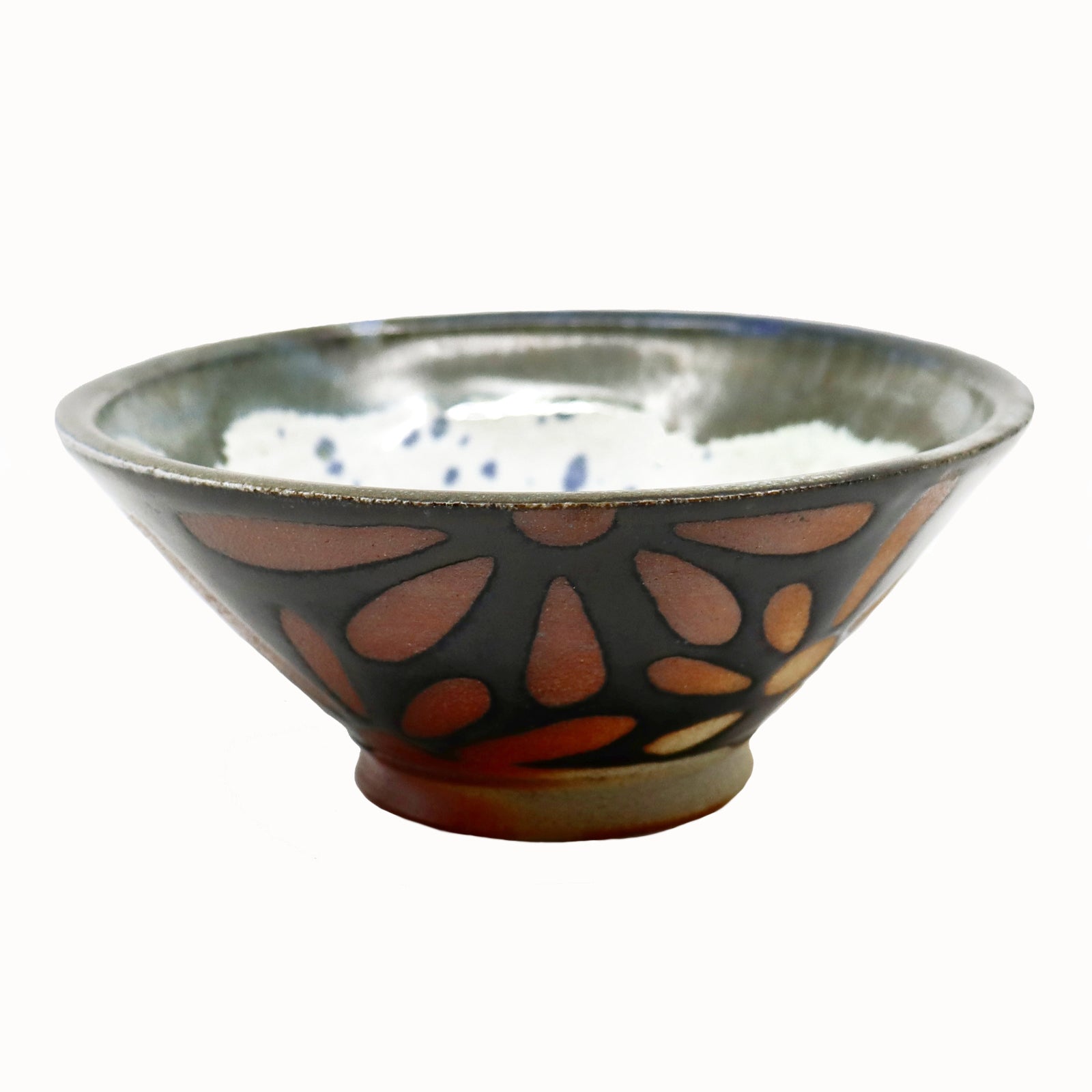 Heather Ossandon handmade, wood-fired ceramics. Cereal bowl, black  with rust flower pattern.