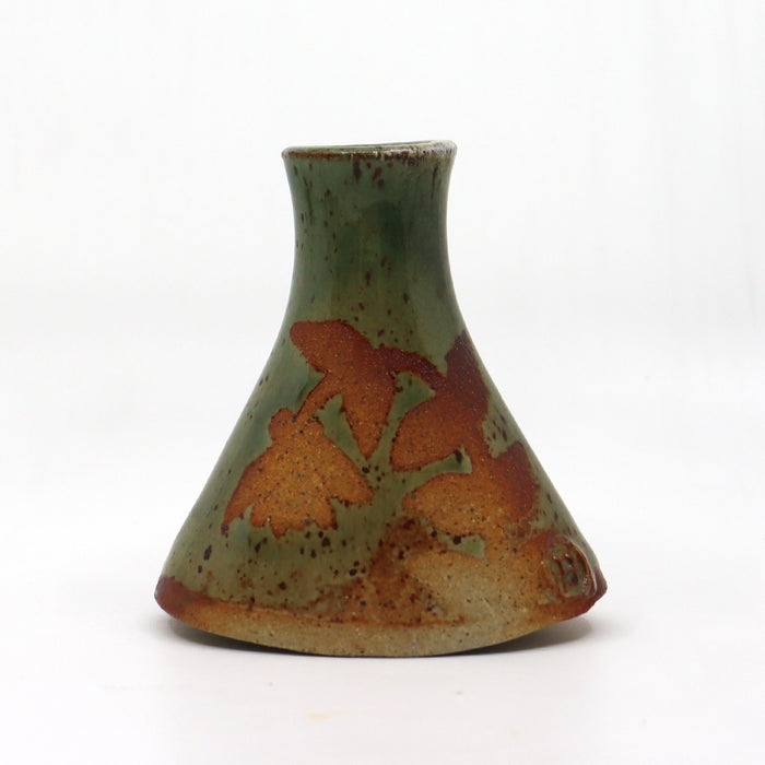 Wood fired ceramic bud vase with botanical pattern. Green and rust.