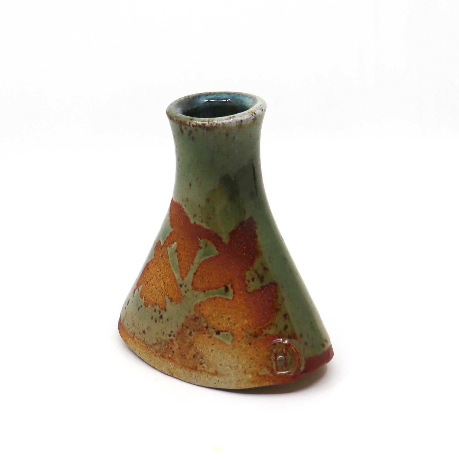 Wood fired ceramic bud vase with botanical pattern. Green and rust.