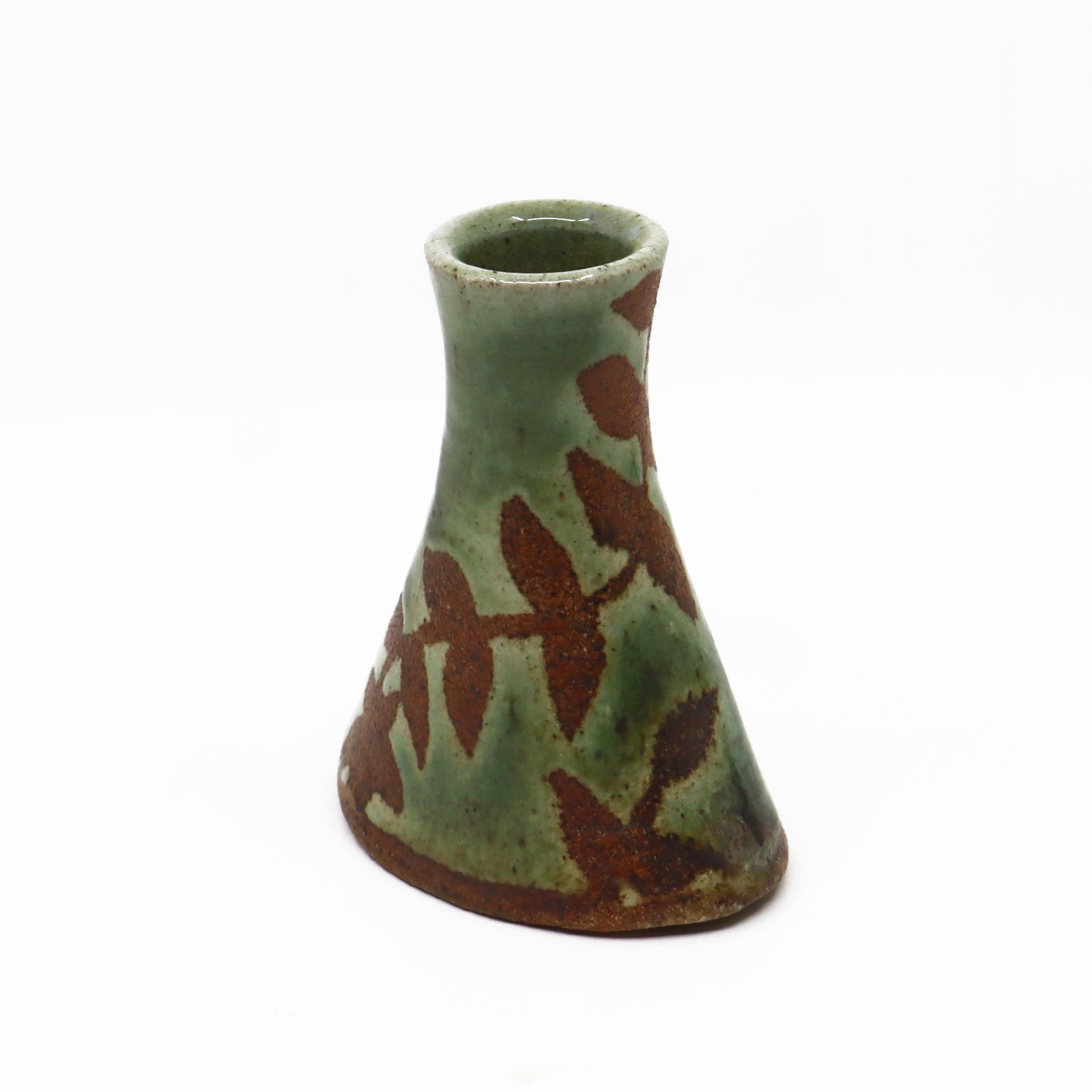 Wood fired ceramic bud vase with botanical pattern. Green and rust.