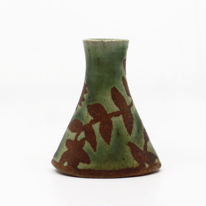 Wood fired ceramic bud vase with botanical pattern. Green and rust.