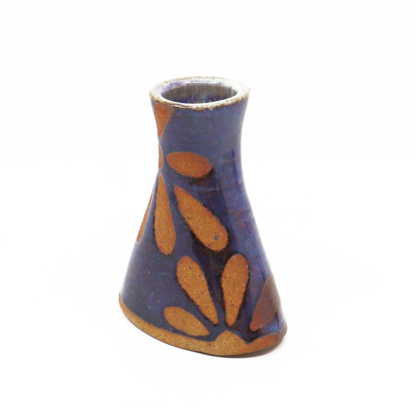 Wood fired ceramic bud vase with flower pattern.