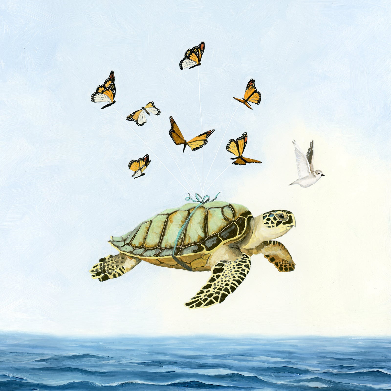 "High Sea" sea turtle being lifted and carried over the ocean by monarch butterflies, by Kim Ferreira.