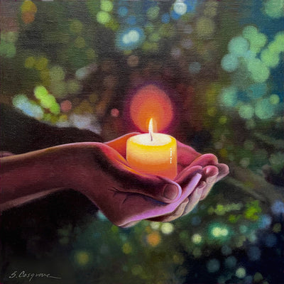 Painting by Sharon Cosgrove of a hand holding a lit candle against a blurred natural background in greens and blues. 