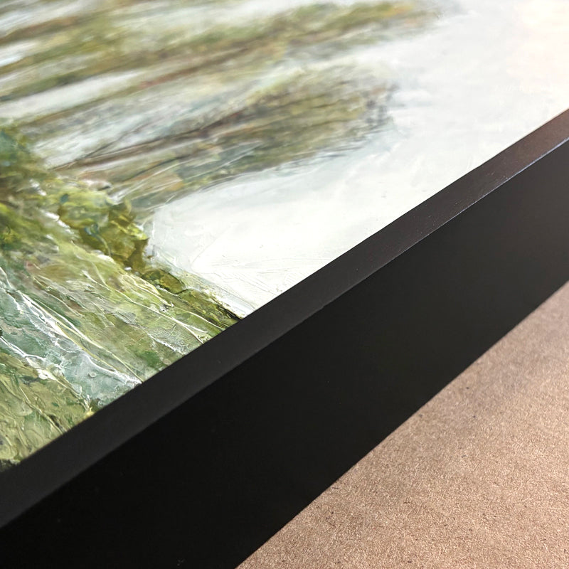 Landscape painting with trees covered in ice, by North Carolina artist Elizabeth Davant. Frame detail.