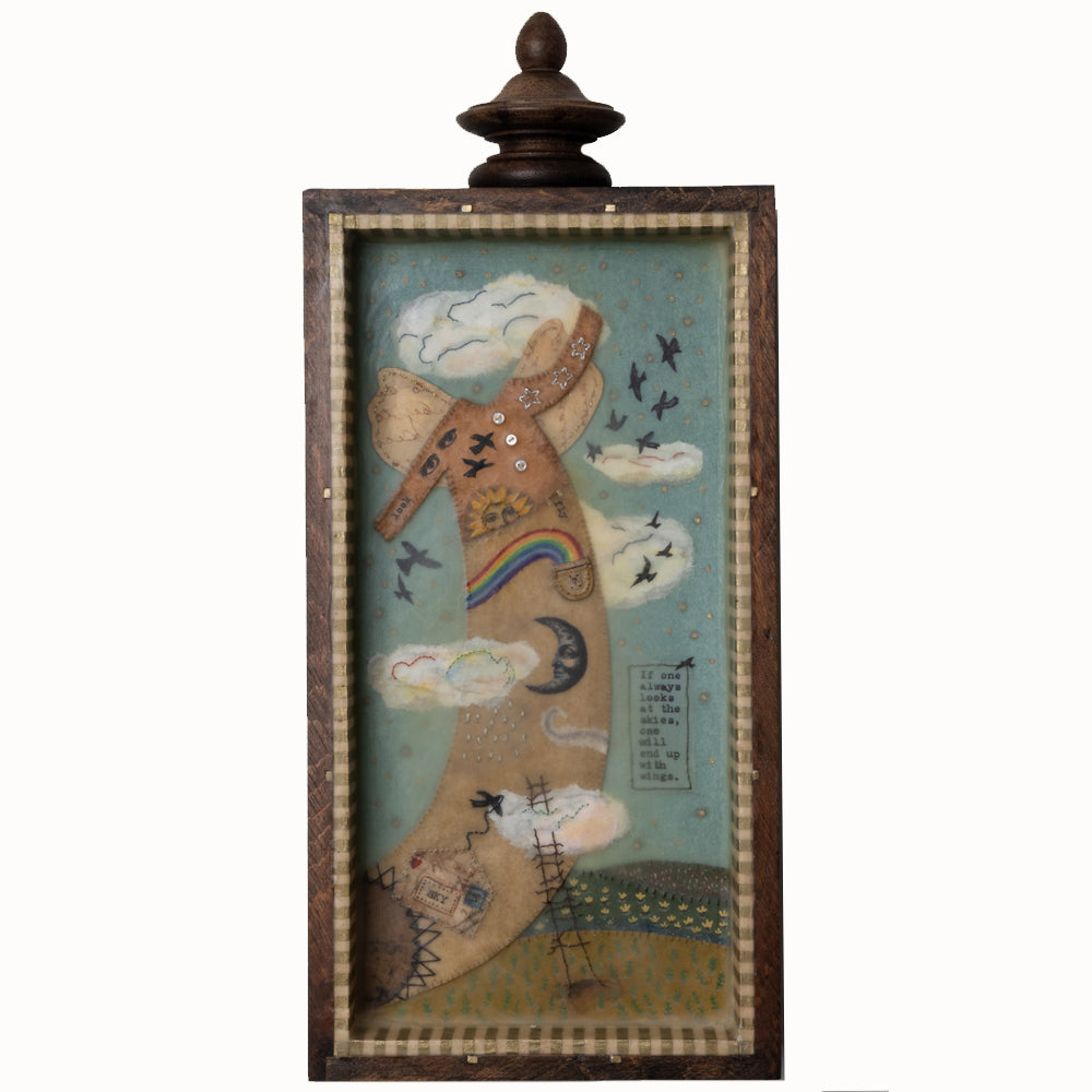 "With Wings" mixed media encaustic assemblage art by Janet Eskridge. Artwork set inside a wood box with finial.