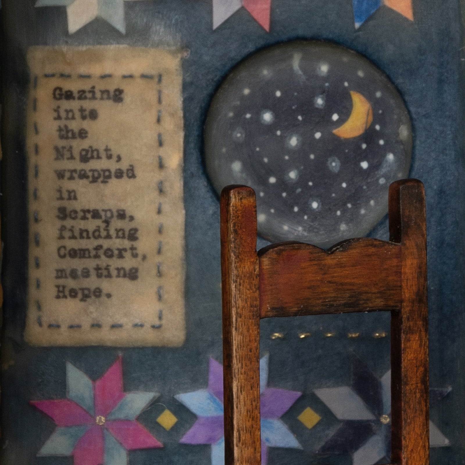 Janet Eskridge "Stitched in Starlight" mixed media assemblage. Detail.