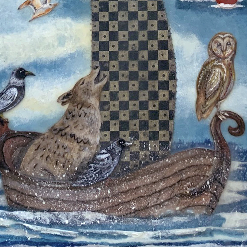 Detail of "Gatherer of Spirits" mixed media encaustic assemblage art by Janet Eskridge. A figure in a boat surrounded by animals, kindred spirits.