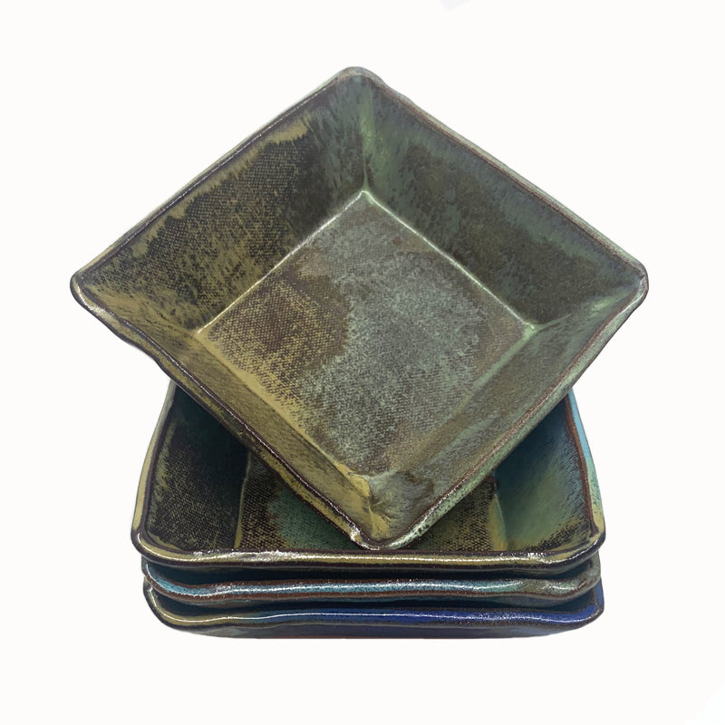 Small, multicolor square bowl by potter Jim Rientjes. 