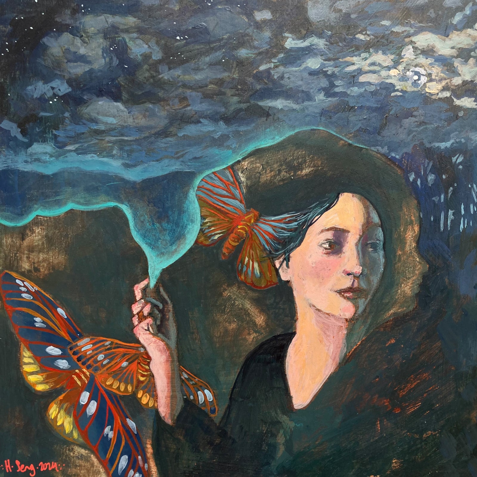 "Key to the Flame" illustrative painting by Hannah Seng. A woman and royal walnut moths under a night sky.