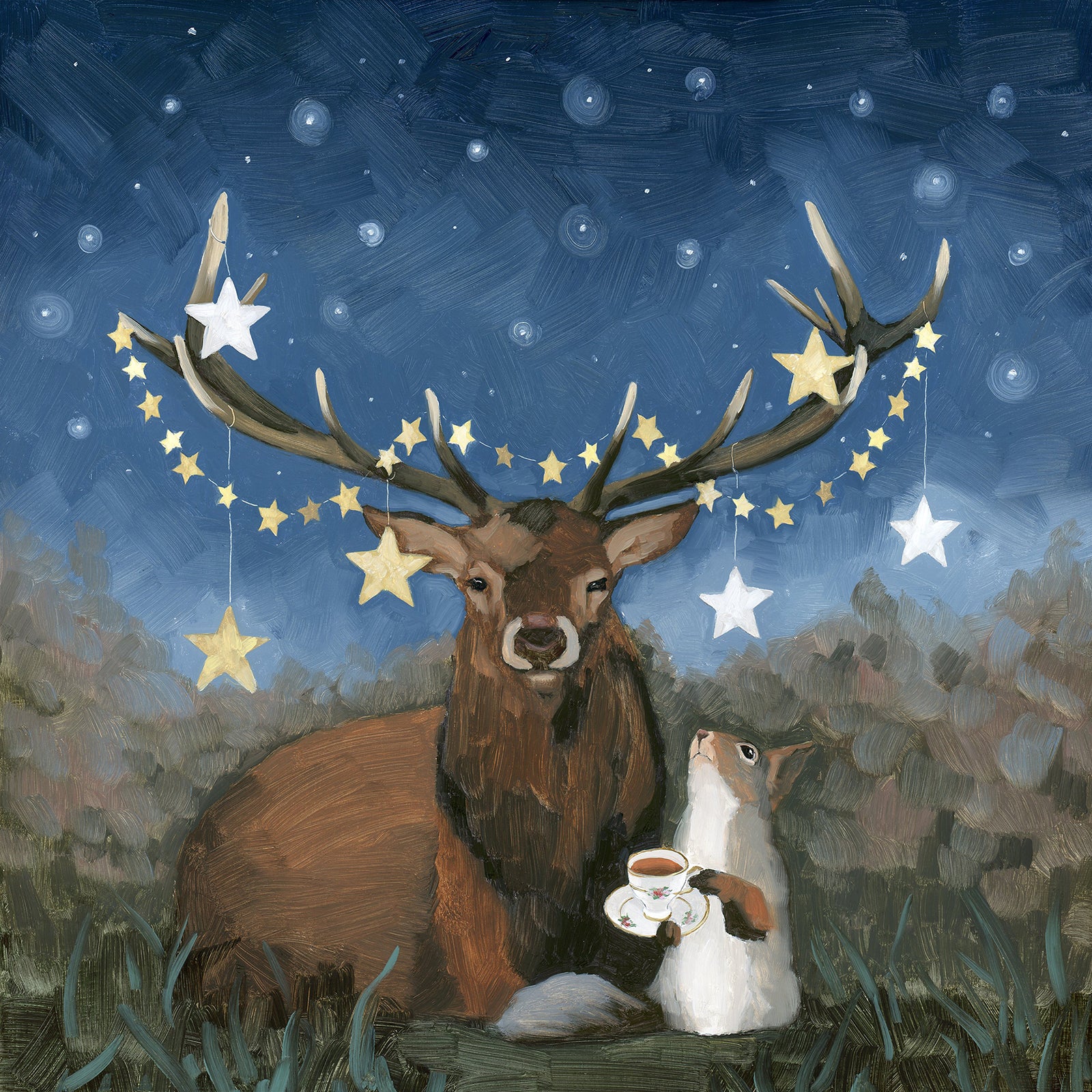 Kim Ferreira's "Looking Up" painting, an elk and squirrel rest under a starry sky.