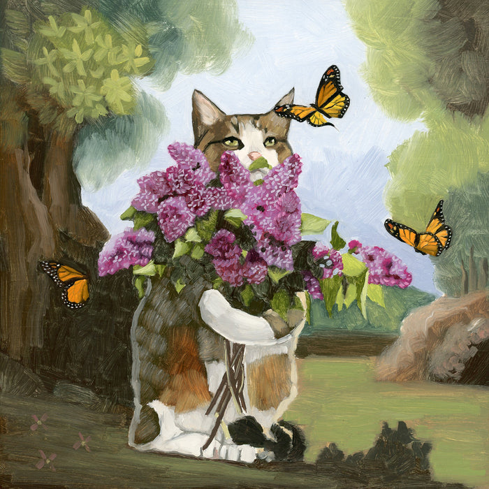 "Lilacs", painting by Kim Ferreira. A calico cat holds a bouquet of lilac flowers while monarch butterflies flutter around.