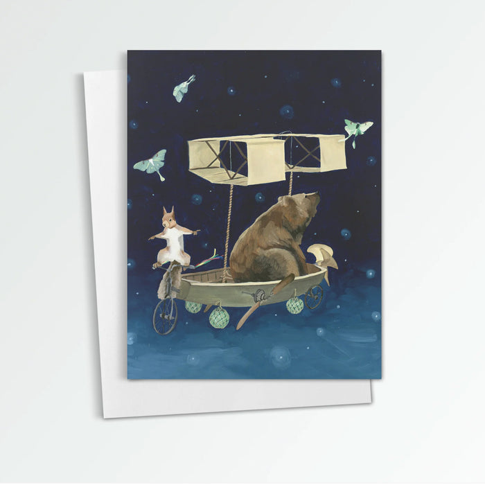 Flying Machine No. 5 notecard from Kim Ferreira, A bear and squirrel explore the night sky in a flying boat, surrounded by luna moths.
