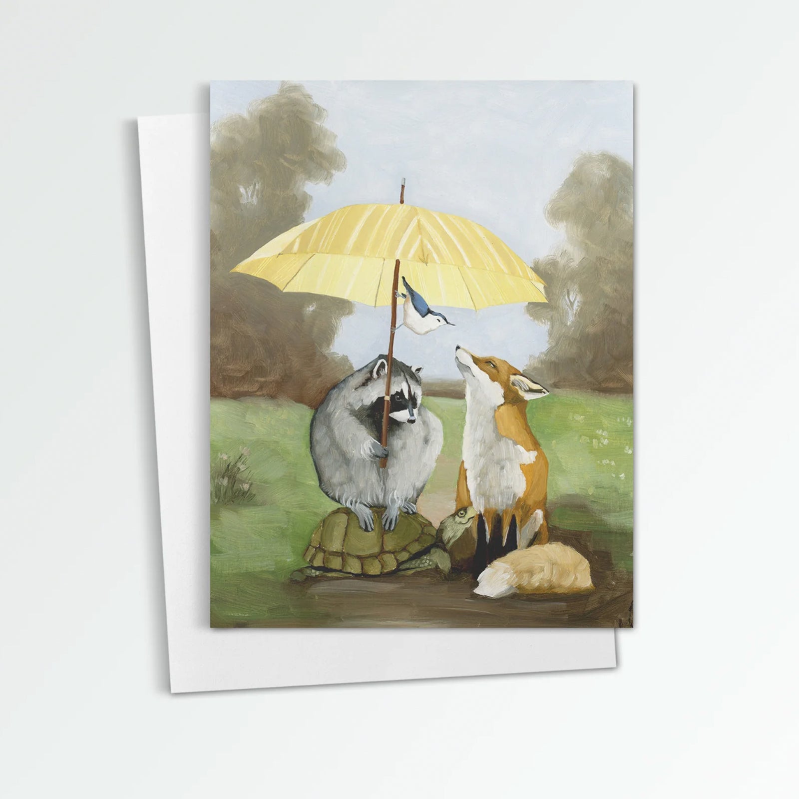 April Showers notecard from Kim Ferreira. A turtle, raccoon, fox and bird shelter underneath a yellow umbrella.