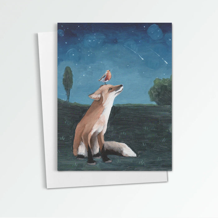 Shooting Stars  notecard from Kim Ferreira. A fox sits, with a bird on its head, staring at shooting stars in the night sky.