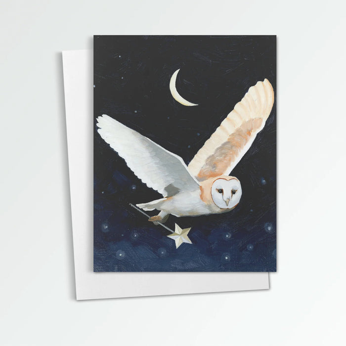 Moonlight Magic notecard from Kim Ferreira. An owl flies through the night sky, under a crescent moon, holding a magic wand in its talons. 