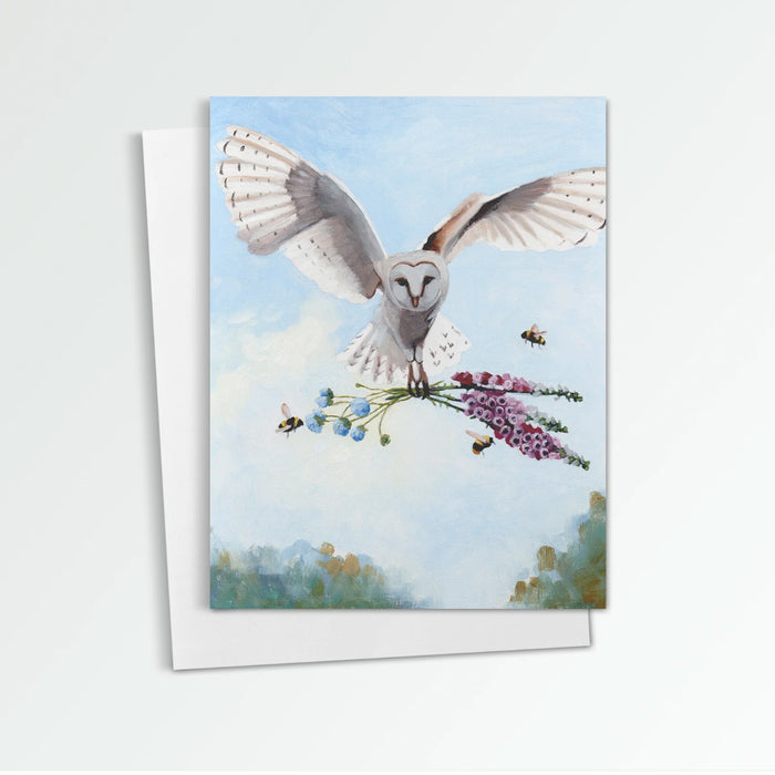 Owl with Foxglove and Pincushion notecard from Kim Ferreira