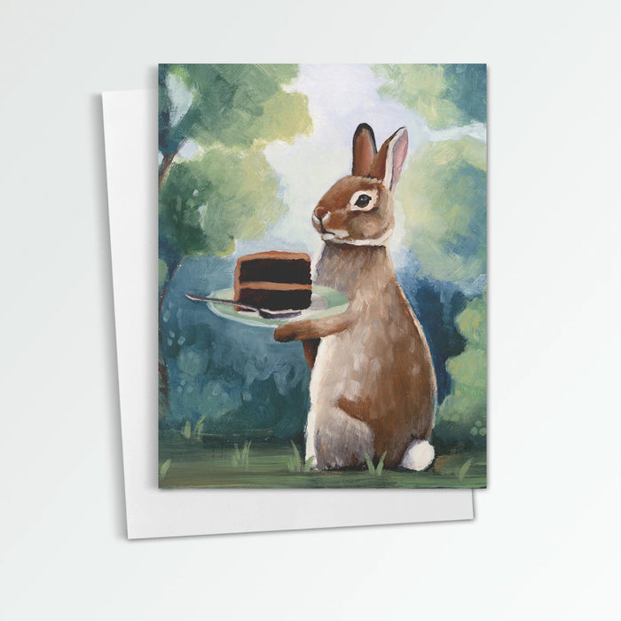 Beatty's Chocolate Cake notecard from Kim Ferreira. A rabbit hold a plate with a slice of chocolate cake.