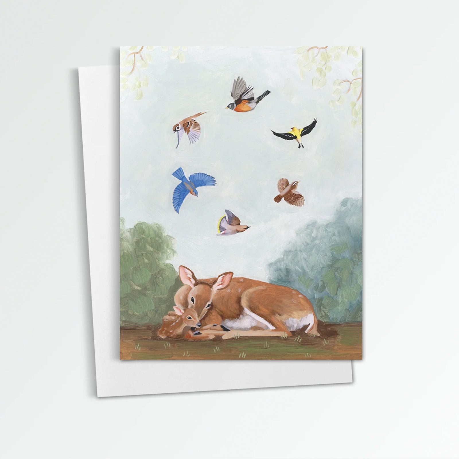 Songbird Serenade notecard from Kim Ferreira, A mother deer and her fawn rest on the ground, birds circle above.