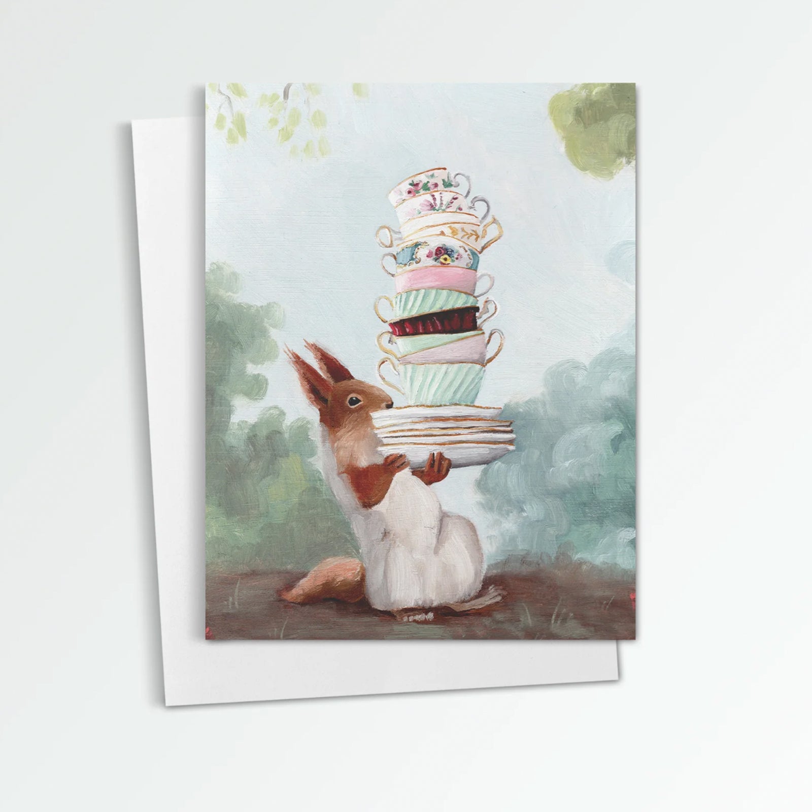 The Good China notecard from Kim Ferreira. A squirrel carries a stack of teacups and saucers.