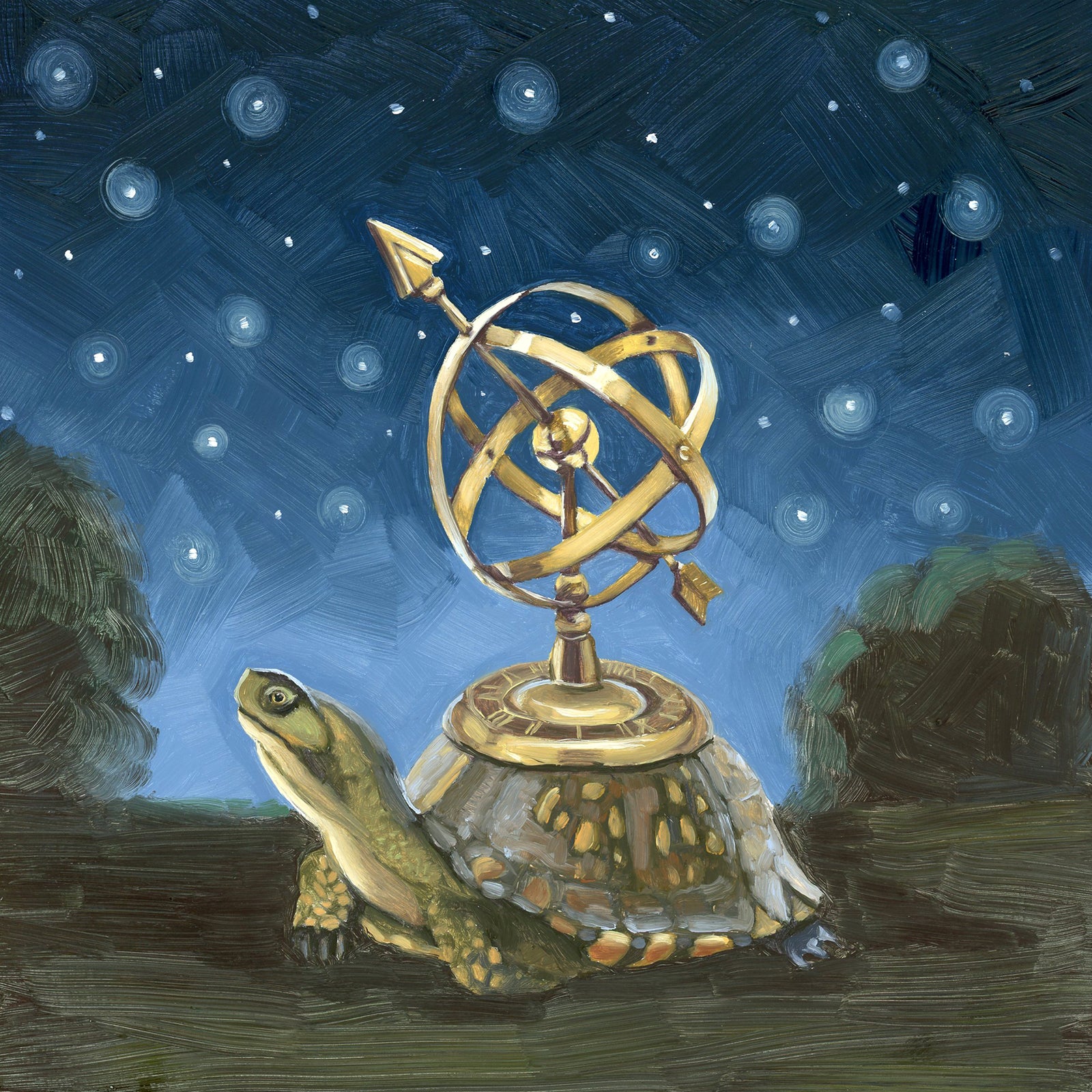 Kim Ferreira's tortoise carries a model of a "Celestial Sphere" on its back in this star filled painting.