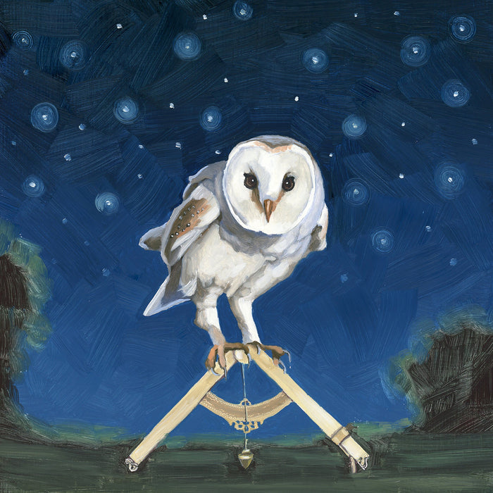 In Kim Ferreira's "In the Right Direction" painting, a sweet owl navigates the stars.