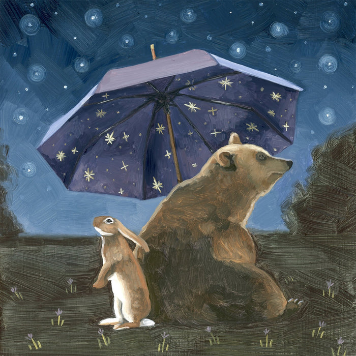 A bear and rabbit sit "Under the Canopy of Stars" in Kim Ferreira's night themed, star filled painting.