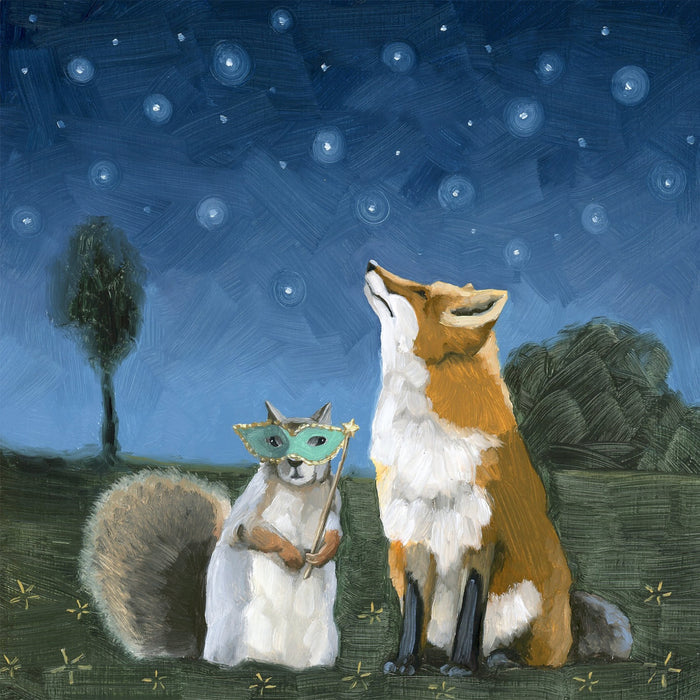 In Kim Ferreira's "Their Heads are Among the Stars" painting, a fox stares up at the stars while a squirrel wears a masquerade mask and holds a star embellished wand.&nbsp;