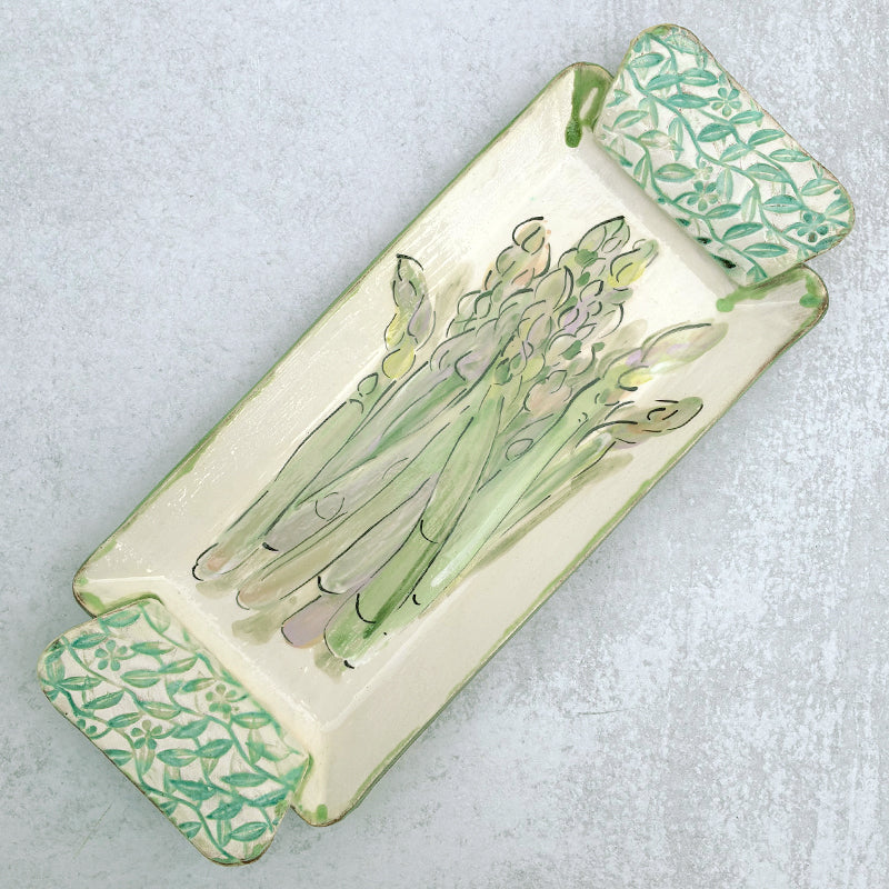 Handmade ceramic serving tray with asparagus decoration by Molly Lithgo. 