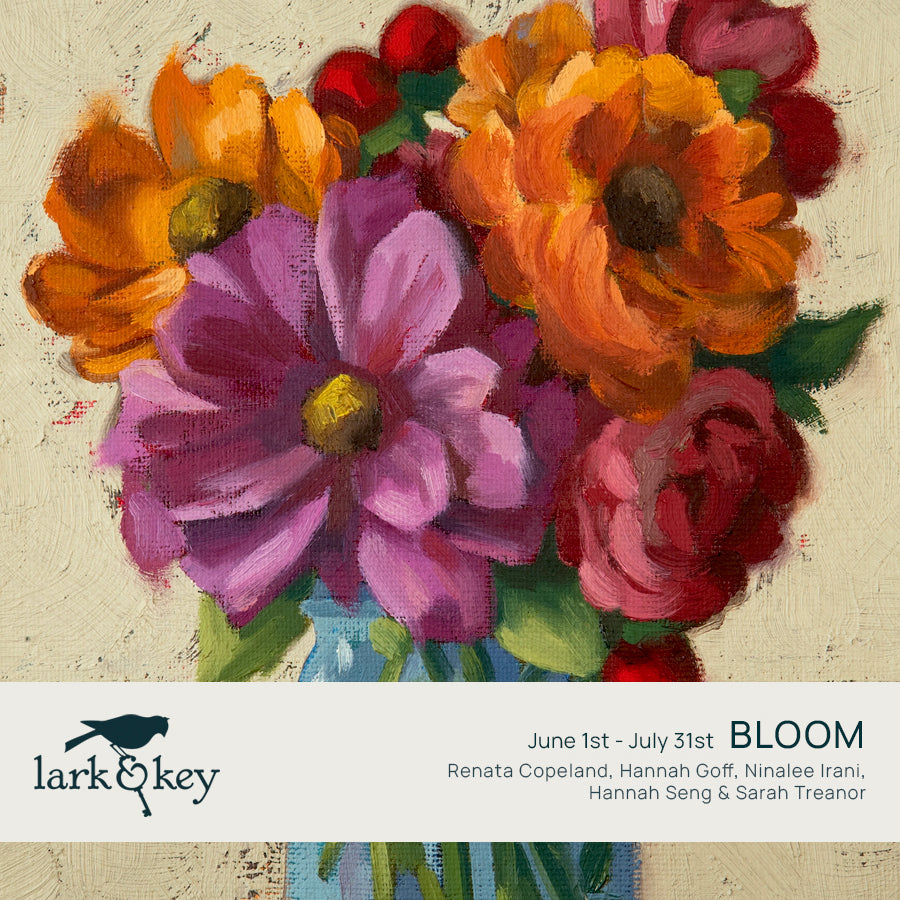 Lark & Key art gallery promotion for the Bloom exhibit featuring colorful flowers.