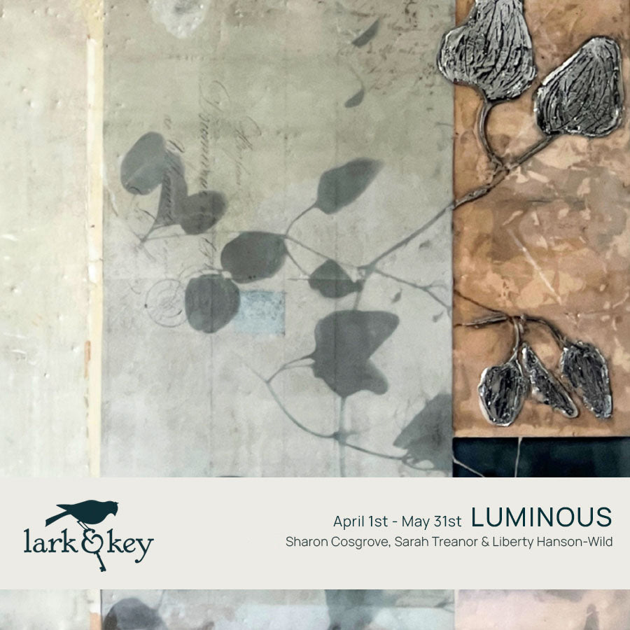 Promotional image for Lark & Key art gallery's upcoming exhibit titled Luminous, featuring artwork by Sharon Cosgrove, Sarah Treanor and Liberty Hanson-Wild. The image shows a detail of a mixed media encaustic, botanical themed painting from Hanson-Wild. 
