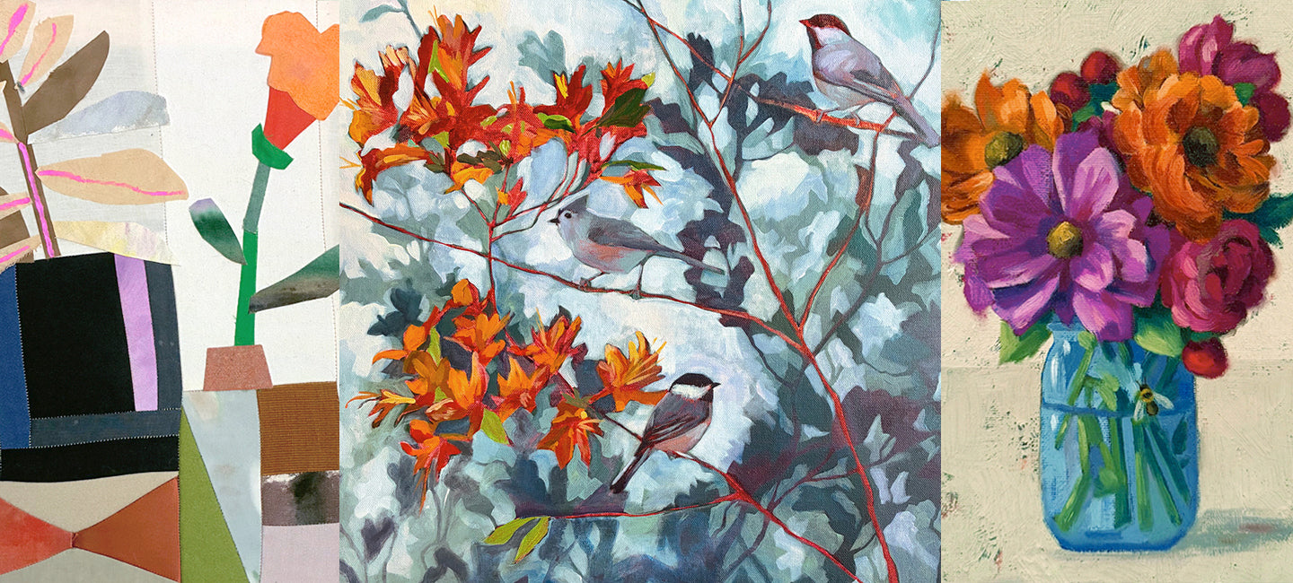 Details of multicolored artwork from three artists for the Lark & Key art gallery Bloom exhibit promotion.
