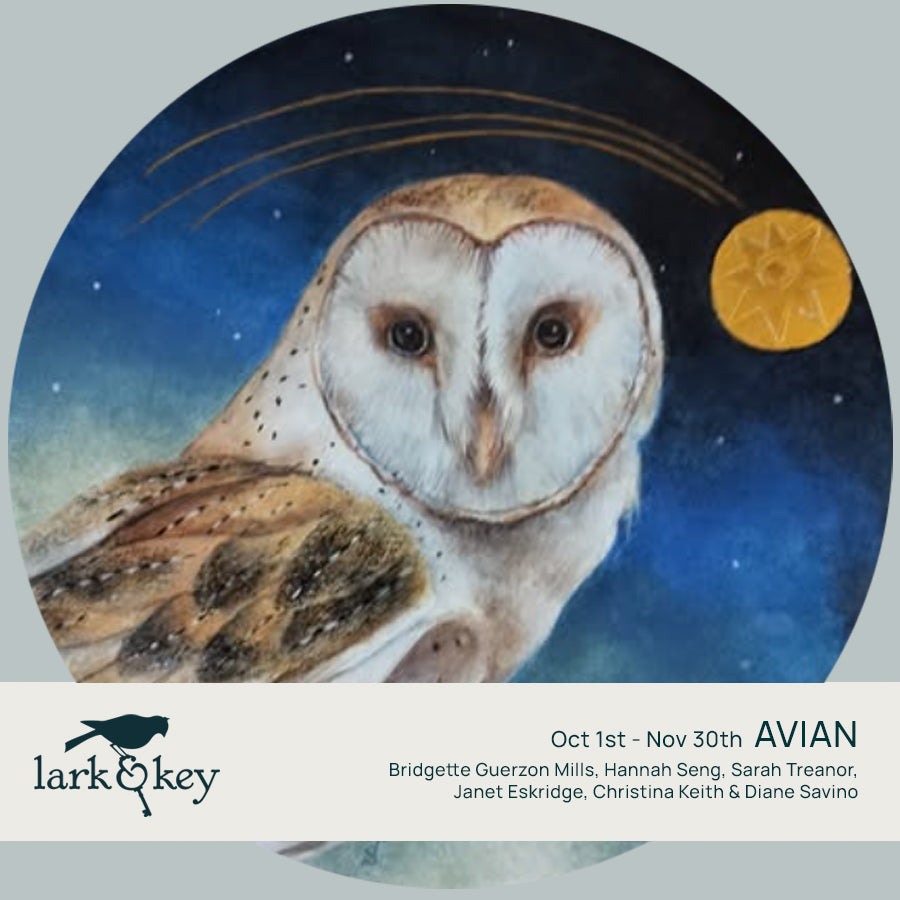 Promotional image for Lark and Key gallery's Avian exhibit. Artwork by Diane Savino featured - round portrait of an owl with moon and stars. 
