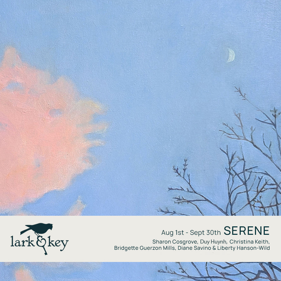 Painting of a blue sky with pink cloud, tree top and crescent moon by Bridgette Guerzon Mills, featured in the art exhibition promotion for Lark & Key art gallery. 