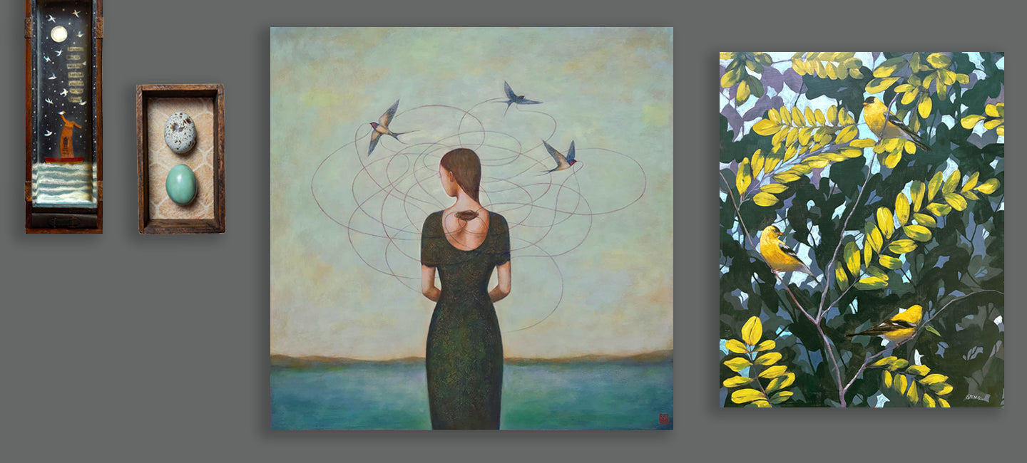 Lark and Key art gallery AVIAN Group art exhibit promo featuring four bird themed artworks in greens and blues on a gray wall. 