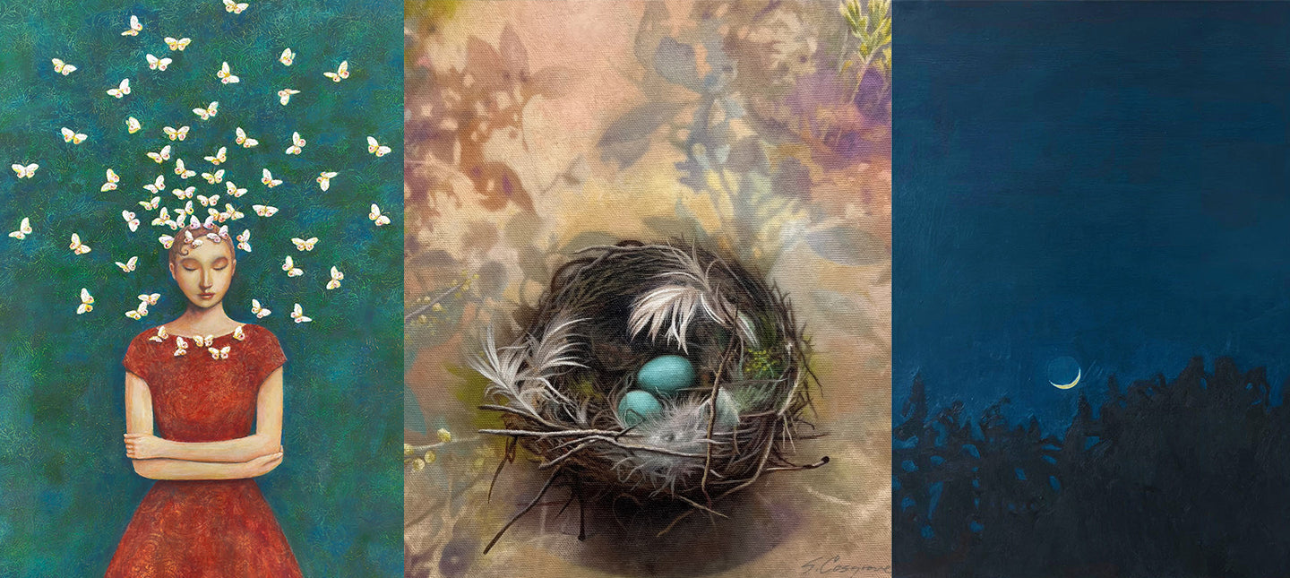 Lark & Key art gallery promotional image for the group show Serene. Three images from three artists, including Duy Huynh, Sharon Cosgrove and Bridgette Guerzon Mills. 