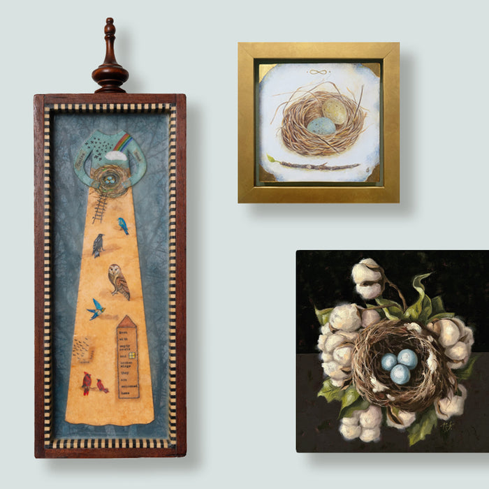 Bird nest themed artwork by Janet Eskridge, Diane Savino and Ninalee Irani shown on a pale blue wall.