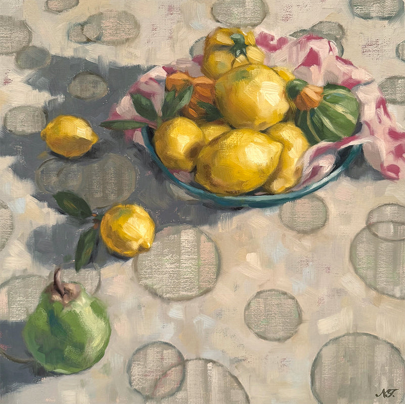 Lemons, Squash and a Pear still life painting by Ninalee Irani. The 16 x 16" oil panel painting features a bowl filled with lemons and squash, with a couple of lemons and a pear on the tabletop - which is covered in a cloth with a circular pattern.