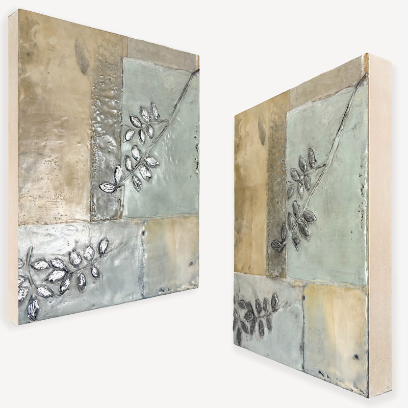 Mixed media encaustic artwork from Liberty Hanson-Wild's series called Yesterday's Seeds.  An abstracted background in neutral colors with textures and leaf pattern with silver. Painting shown from both angles. 