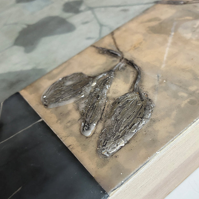 Silver metallic leaf detail on mixed media encaustic artwork.