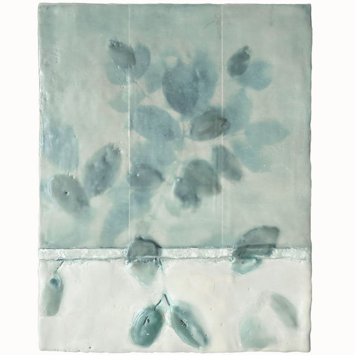 Mixed media encaustic artwork with creamy white and pale green leaf pattern.