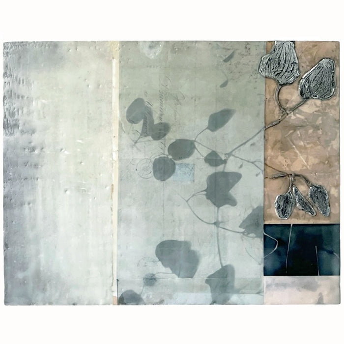 Mixed media encaustic artwork from Liberty Hanson-Wild's series called Yesterday's Seeds.  An abstracted background in neutral colors, textures and leaf pattern with silver. 